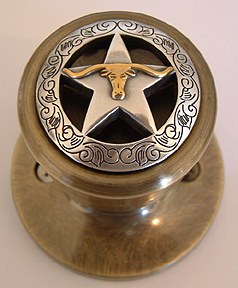 Engraved Boarder Star w/Steer (Antique Brass) Door Knob (Non-Lockable)Drawer Pull Shown