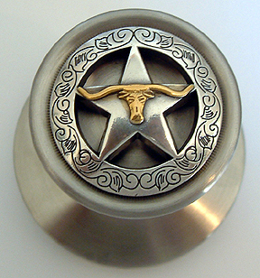 Engraved Boarded Star w/Steer Satin Silver ( Door Knob)  (Lockable)Drawer Pull shown